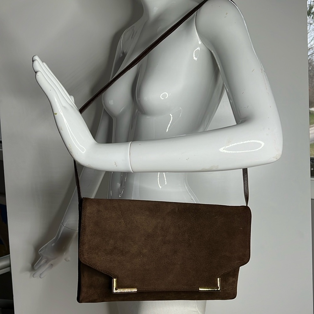 Block Brown Suede Envelope Snap Closure Shoulder Clutch Bag - Picture 6 of 12